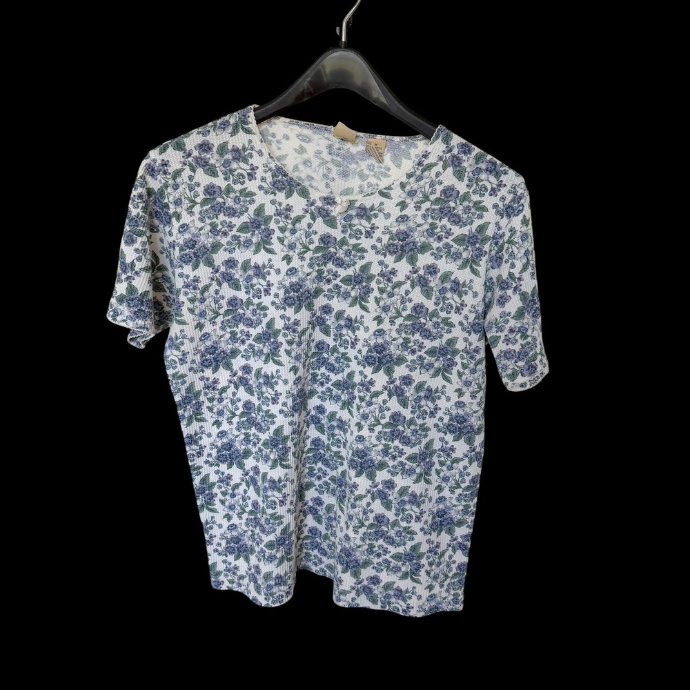 Vintage North West Blue Floral Top Bow‎ Waffle Knit Cottagecore Boho Size Medium